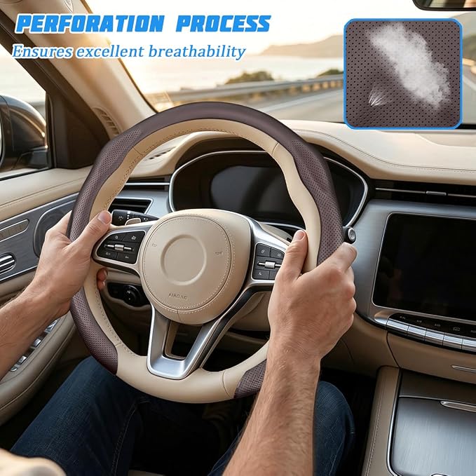 Car Steering Wheel Cover, Comfortable Grip Non-Slip Breathable Vehicle Steering Wheel Protector, Automotive Interior Decoration Accessories, Universal Fit (Coffee)
