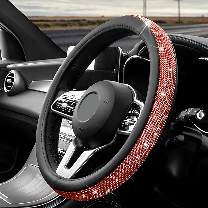 Diamond Leather Steering Wheel Cover, 15 Inch Bling Crystal Rhinestone Anti-Slip Wheel Protector, Universal Sparkling Elegant Diamond Steering Wheels Cover for Women Girl (Red)