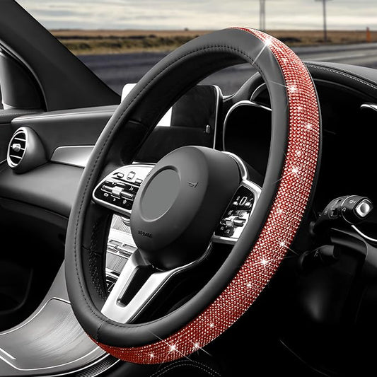 Diamond Leather Steering Wheel Cover, 15 Inch Bling Crystal Rhinestone Anti-Slip Wheel Protector, Universal Sparkling Elegant Diamond Steering Wheels Cover for Women Girl (Red)