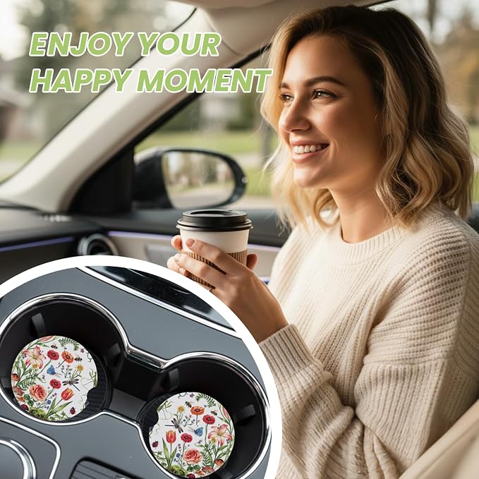 2 Pack Floral Car Coasters for Women Car Cup Holder Coasters, 2.63 Inch Anti Slip Ceramic Absorbent Coaster with Cork Base and Finger Notch, Cute Car Accessories Interior