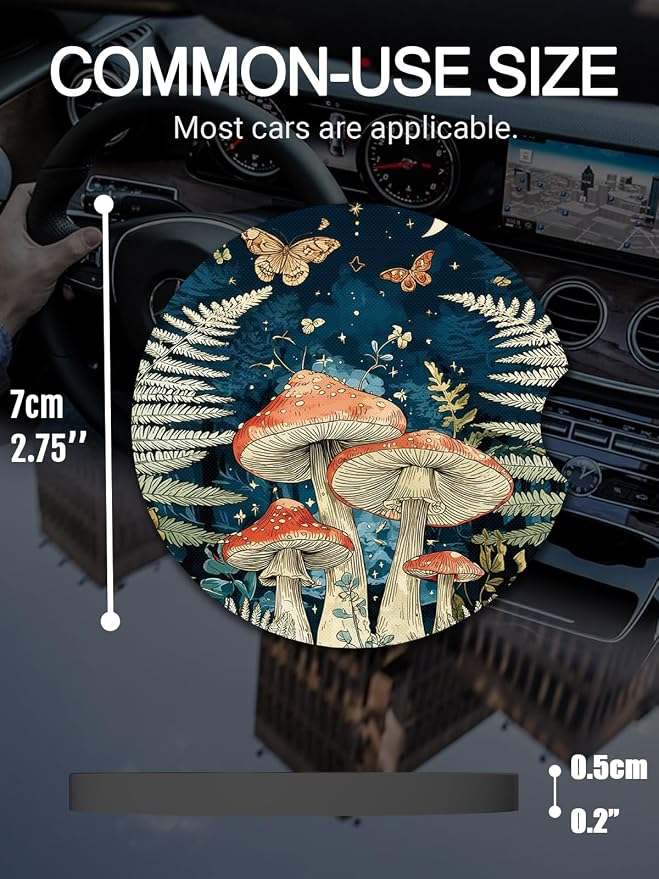 WOCOCN Cute Cup Holder Coasters for Your Car with Fingertip Grip, Auto Accessories for Women & Men,Pack of 2 (Mushrooms at Night)