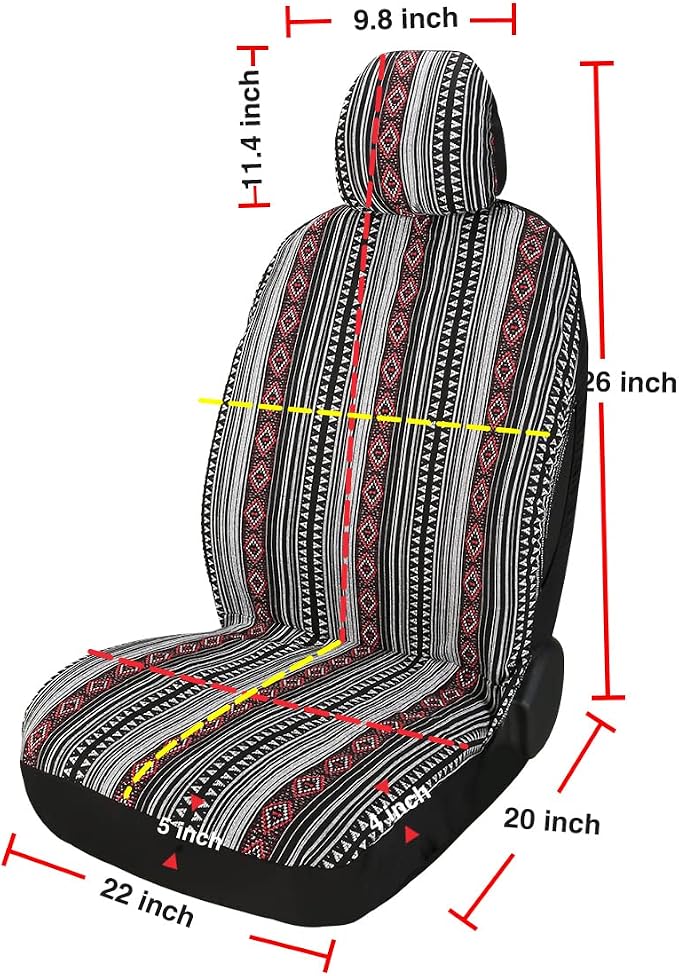 Baja Saddle Blanket Car Seat Covers 4PCS Front, Breathable Washable Striped Woven Automotive Vehicle Seat Cover, Universal Boho Seat Cover for Sedan, SUV, Truck, Airbag Compatible