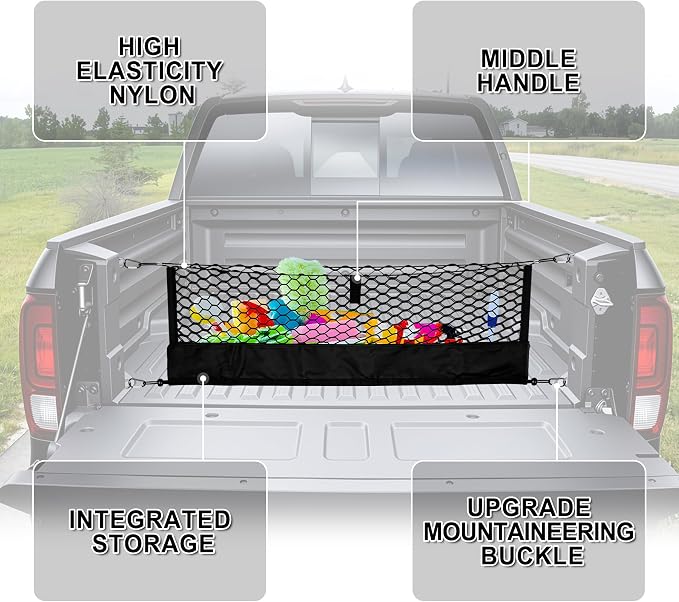 Amiss Truck Bed Cargo Net with Bottom Organizer, Compatible with Toyota Tundra 2007-2024 2025 2026, Portable Storage for Pickup Cargo and Heavy Duty Hook, Exterior Accessories for Car SUV