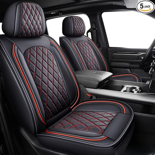MIROZO Ram Seat Covers Full Set, Waterproof Truck Seat Cover Leather Car Seat Protector Compatible with 2009-2026 RAM 1500/2500/3500 Crew Quad Cab Pickup with Split Curved Bench 40/60,Black and Red