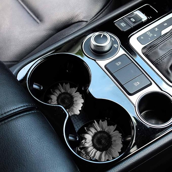 Sunflower Car Cup Holder Coaster 2 Pack Absorbent Ceramic Car Coasters for Cup Holders Car Accessories Interior for Women Men Universal Anti Slip Cork Base Cup Coasters with Finger Notch
