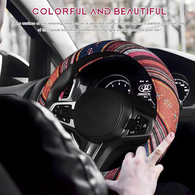 Boho Steering Wheel Cover, Anti-Slip Coarse Flax Cloth Ethnic Style Auto Wheel Cover, Breathable Boho Auto Steering Wheel Protector for Women Men, Car Accessories (Style C)