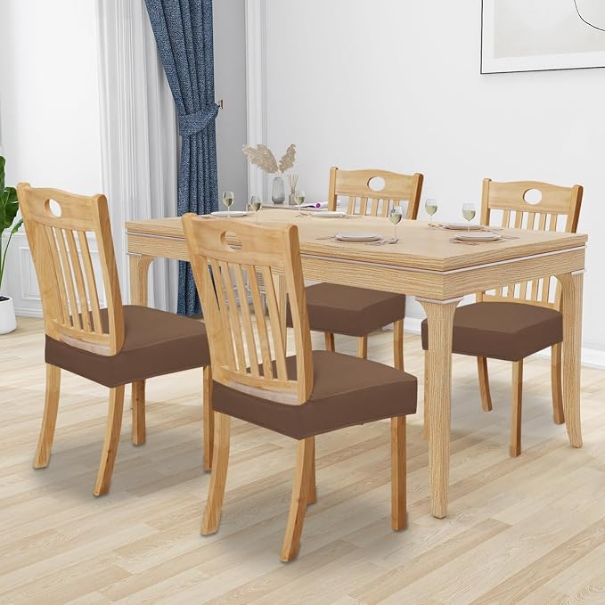 Easy-Going 100% Waterproof Seat Covers for Dining Room Chairs Set of 4, Stretch Chair Seat Slipcovers Protector Removable and Washable Kitchen Dining Chair Covers, Brown