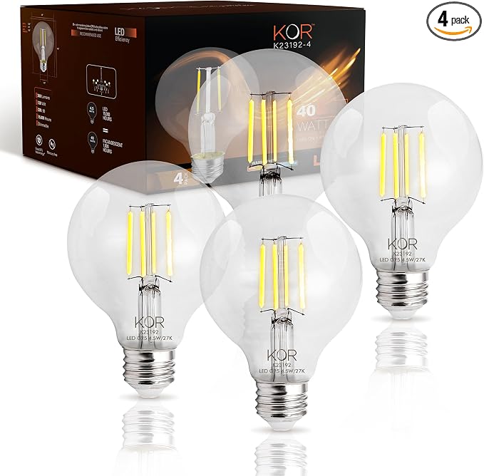 KOR 4 Pack 4.5W (40W Equivalent) Clear G25 Globe Led Light Bulbs 2700K Warm White Dimmable Filament Vintage LED Globe E26 Base Dimmable for Bathroom Vanity Bedroom Pendant
