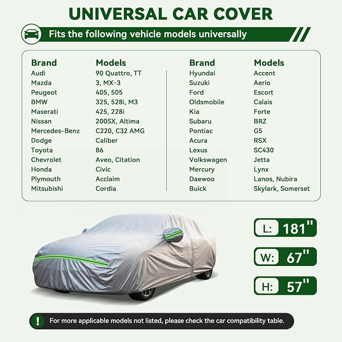 AUQDD 6-Layers Premium Sedan Car Cover Waterproof All Weather Weatherproof UV Sun Protection Snow Dust Storm Resistant Outdoor Exterior Custom Form-Fit Full Padded Car Cover with Straps 165"-181" K1