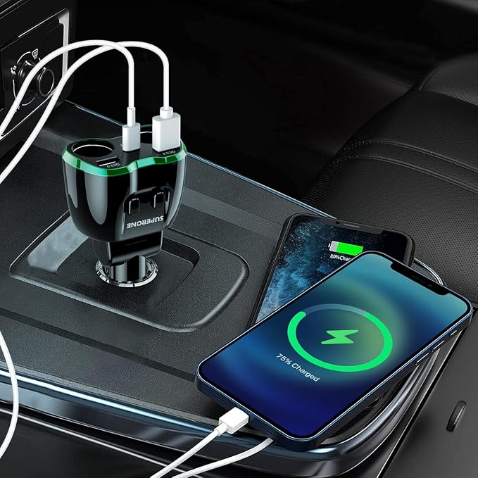 [2026 Upgraded] Cigarette Lighter Splitter, SUPERONE 180W 2-Socket Cigarette Lighter Adapter with Dual QC3.0 and 20W PD USB C Car Charger Splitter for GPS/Dash Cam/Laptop/iPad/iPhone 17/16/15/14/13/12