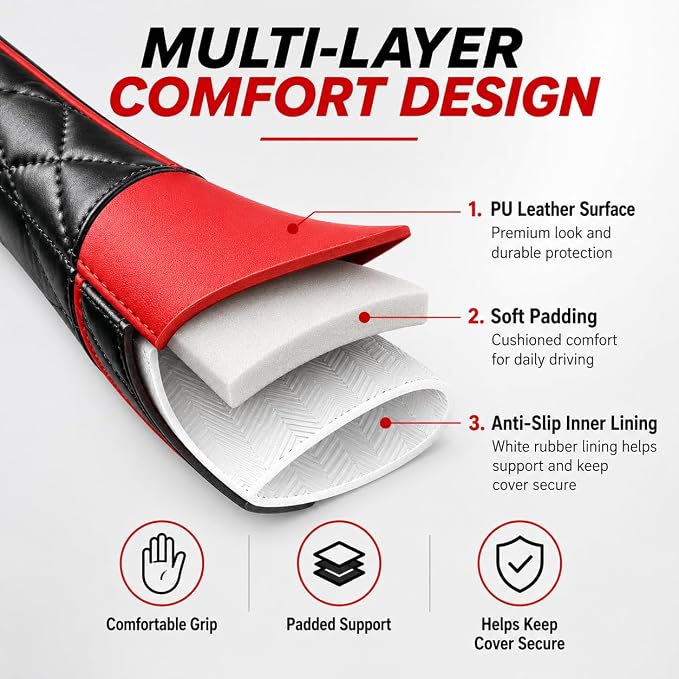 Couslcd 14.5-15 Inch Leather Steering Wheel Cover with Soft Padded Lining, Anti-Slip Comfort Grip, Universal Steering Wheel Protector for Most Cars, SUVs, Trucks (Red)