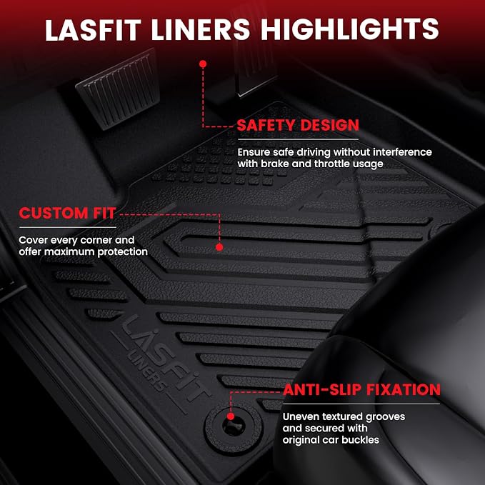 LASFIT Floor Mats for 2015-2019 Lincoln MKC, Custom Fit All Weather TPE Floor Liners, Full Coverage Front & 2nd Row 3-Pcs Set, Black
