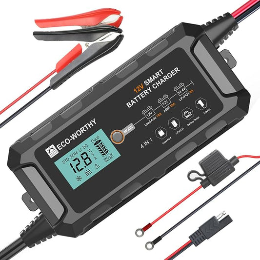 ECO-WORTHY 10A LiFePO4 Battery Charger 12V, Smart Lithium Battery Charger & Maintainer, Trickle Charger and Desulfator for Lead Acid, RV, Car, Motorcycle, Marine, Boat