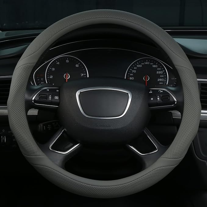 ALEMODR Gray Leather Steering Wheel Cover Universal 15 inch