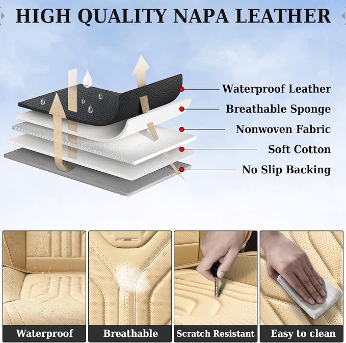 Coverado Car Seat Covers Full Set, Automotive Seat Covers Car Seat Protector Car Seat Cushion, Waterproof Leather Seat Covers for Cars, Universal Fit for Most Sedans SUV Pick-up Truck(Beige)