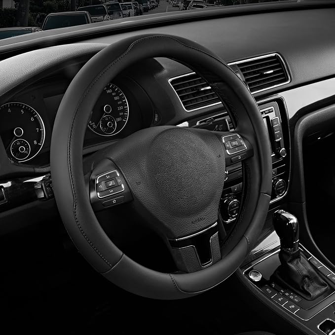 Road Comforts Steering Wheel Cover, Breathable Anti-Slip Leather Steering Wheel Cover, Universal Fit 14.5–15 Inch, Comfortable Grip - Black Color