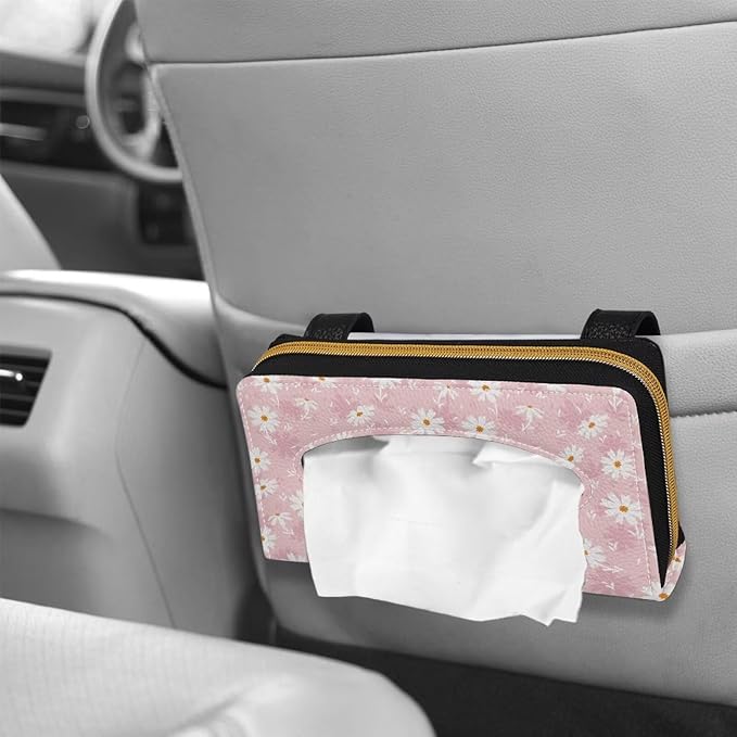 Leather Automotive Visor Tissue Holder Daisy Pattern Rectangular Sun Visor Napkin Hodler Universal Tissue Box for Car Offices Pink
