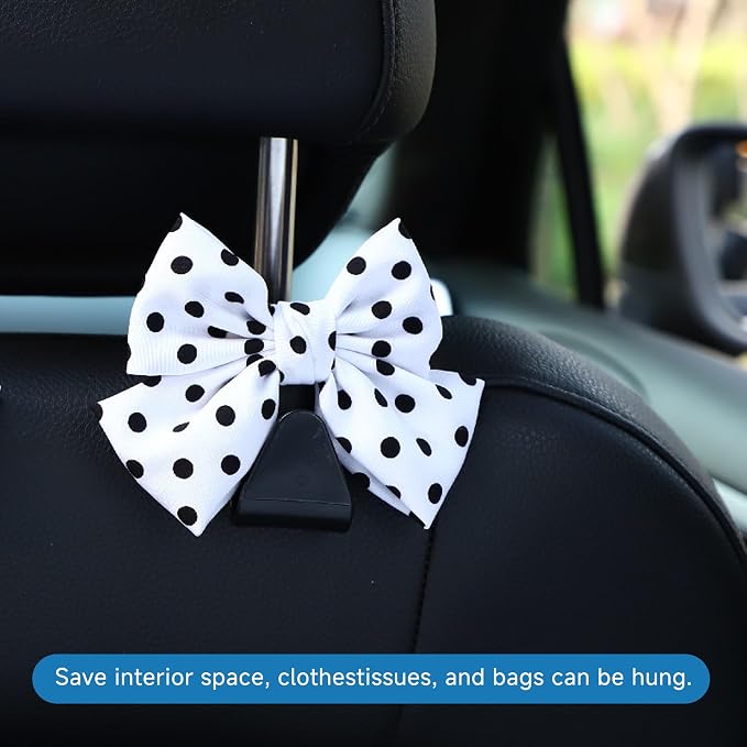 2PCS Car Seat Hooks, Cute Bow Car Seat Headrest Hooks for Purses, Bags, Umbrella, Universal Automotive Interior Decoration Accessoriesl for Vehicle, SUV, Sedan, Truck (White Spot)