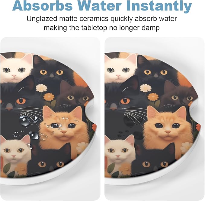 2 Pack Car Cup Holder Coaster, 2.63 inch Anti Slip Insert Absorbent Ceramic Car Coaster with Cork Base and Finger Notch, Cute Car Accessories Interior for Women, Cute Car Coasters., Cats