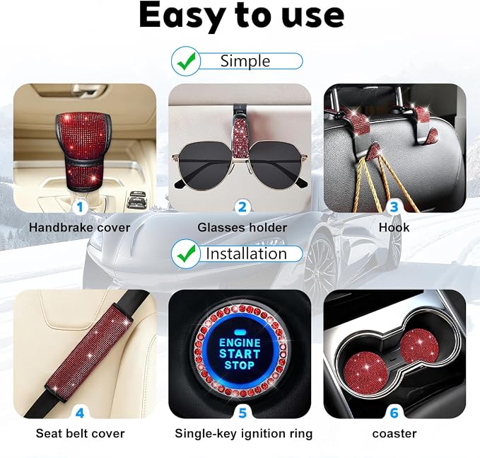 8PCS Bling Car Accessories Set, Sparkly Rhinestone Vehicle Steering Wheel Seat Belt Gear Shift Start Stop Button Cover, Diamond Auto Cup Holder Coaster Decoration, Universal Fit (Red)