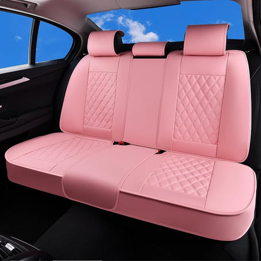 Huidasource Pink Rear Seat Covers, Nappa Leather Back Seat Covers Velcro Adjustable, Compatible with Seat Belts, Child Safety Seats, Fit for Most Cars SUVs Trucks (Back Row/Pink)
