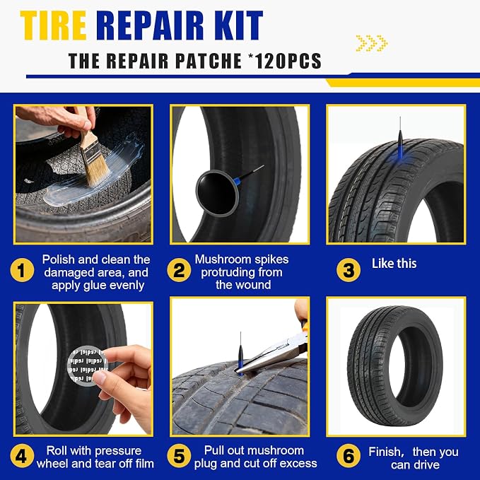Tallew 74 Pcs Heavy Duty Tire Patches Kit Rubber Radial Tire Repair Patch Plug Kit Repair Emergency Tool for Puncture Car Truck Bus Tractor Vehicle Motorcycle 32mm, 42mm, 58mm, 65x80mm, 85x120 mm