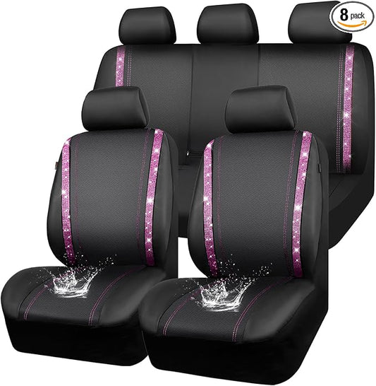 CAR PASS Bling Diamond Car Seat Covers Full Set, Shining Rhinestone Waterproof Faux Leather, Rear with Zipper, Universal Fit Automotive Glitter Crystal Sparkle Strips for Women Girl, Black Pink