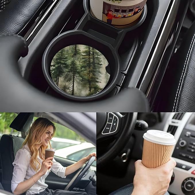 Ceramic Car Cup Coasters 2PCS - Dream Forest | with Cork Back & Finger Slot, Anti-Slip Shock Absorbing, Universal Car Interior Accessories for Men Women