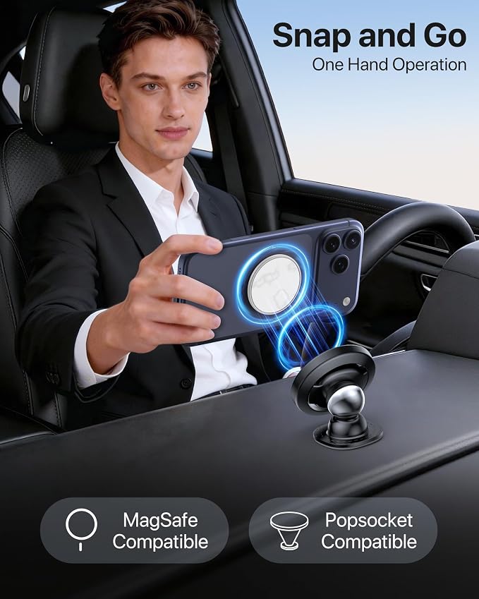 Miracase Latest Upgrade for MagSafe Car Mount [33+LBS Strong Suction & 2200gf Magnetic] Small Phone Holders for Your Car Dashboard, 360° Adjustable Car Phone Holder Mount for iPhone Garmin GPS