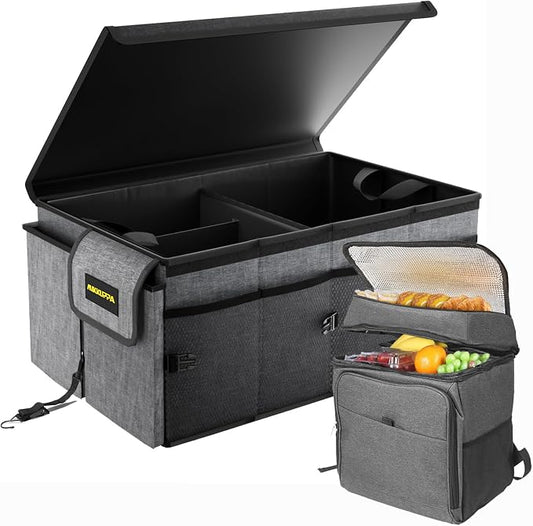 MIKKUPPA Car Trunk Organizer with Cooler - 65L Collapsible Trunk Organizer with Lid, Sturdy Car Storage for SUV Auto Truck Van with Adjustable Straps and Non Slip Bottom (Gray)