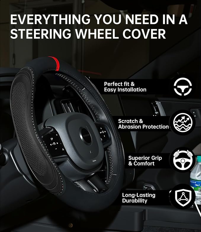 XCBYT Steering Wheel Cover - Black Leather Steering Wheel Wrap Great Grip with 3D Honeycomb Quick and Effortless Installation Non-Slip Silicone Inner Ring for Women Man Universal Fit 14.5-15 Inch