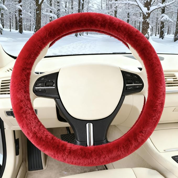Furry Warm Steering Wheel Cover, Universal 14.5-15 Inch Winter Plush Warm Steering Wheel Cover, Soft Fluffy, Anti-Slip Design, Soft Texture (Red)