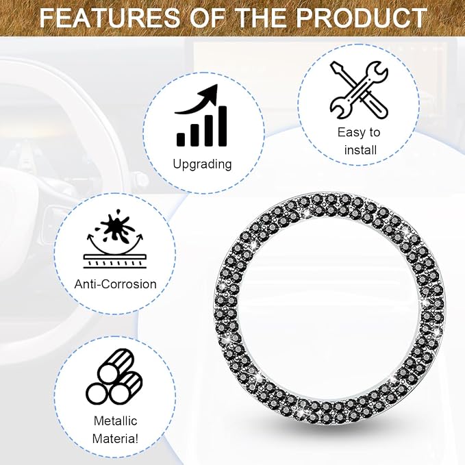 Bling Car Engine Start Ring Decals, 2PCS Sparkling Crystal Rhinestone Vehicle Push to Start Button Sticker, Diamond Auto Key Ignition Knob Decorative Ring, Universal for Vehicles (Black)