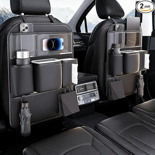 2 Pack Car Back Seat Organizer, PU Leather Storage Pockets, Black | PU leather seat protector, storage pockets, cup pockets, tissue holder, 2 pack