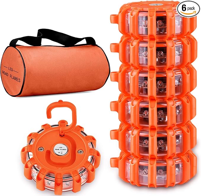 6 Pack LED Road Flares Emergency Lights, 9 Glow Modes Roadside Emergency Warning Car Safety Beacon Flashing Disc Flare Kit with Magnetic Base & Hook for Vehicles,Cars,Truck,Boat(NO Battery Included)
