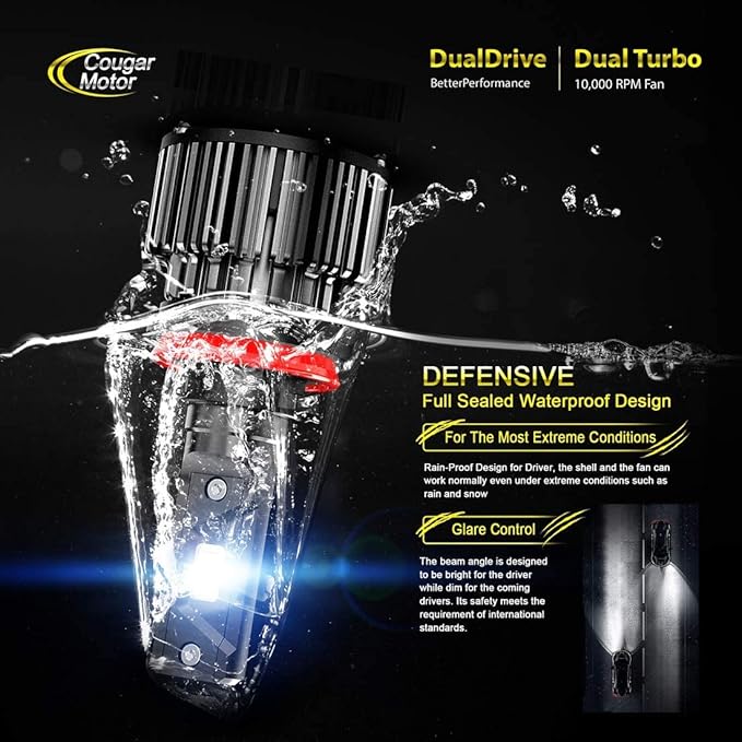 Cougar Motor H11 Bulbs, H8 H9 Light Bulb K16 Series 6000K White Plug and Play Fog Light IP67 Waterproof Driving Light Bulbs - Pack of 2