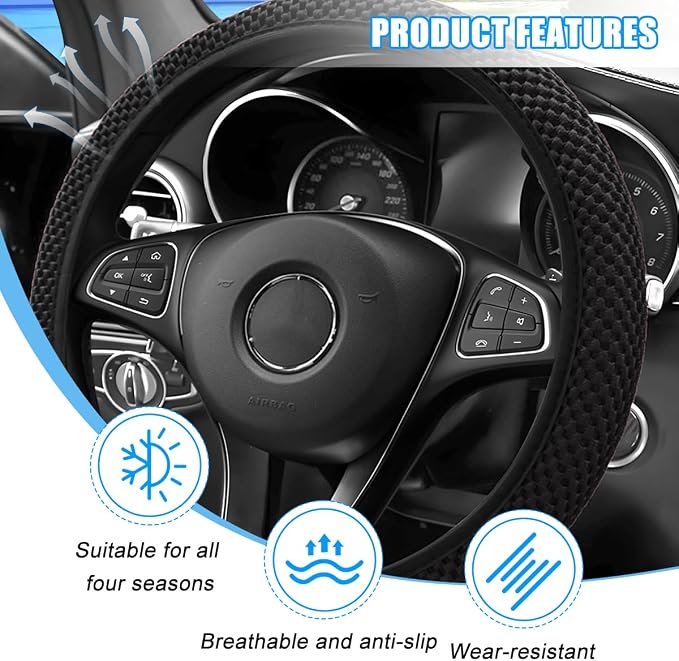 Car Elastic Stretch Steering Wheel Cover, 14.5-15" Breathable Ice Silk Anti-Slip Vehicle Steering Wheel Protector, Comfy Auto Interior Protection Accessories, Universal Fit (Black)