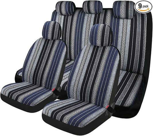 Baja Saddle Blanket Car Seat Covers 9PCS Full Set, Breathable and Washable Striped Woven Automotive Vehicle Seat Cover, Universal Seat Cover for Sedan, SUV, Truck, Airbag Compatible
