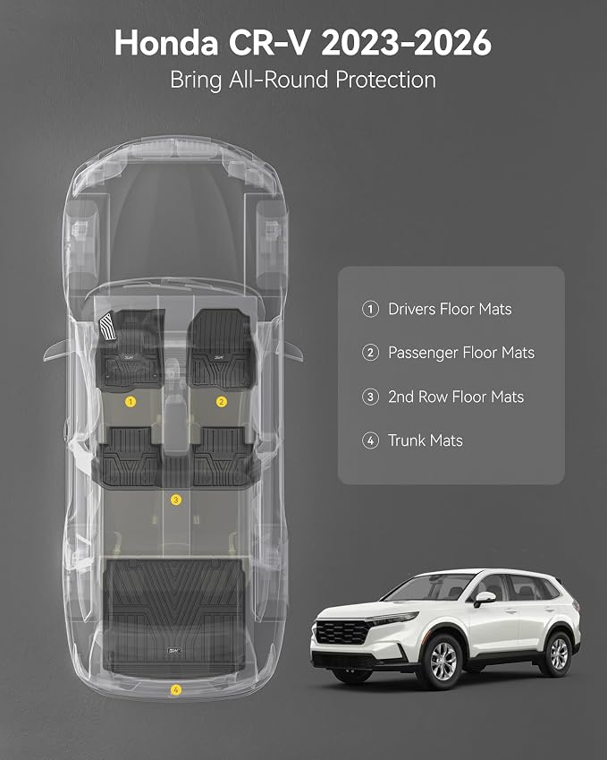 3W Floor Mats & Cargo Liner Fit for Honda CR-V 2023-2026 (Include Hybrid) | Fit for (Upper Positon) Trunk Unscented All-Weather TPE Heavy-Duty Car Mats Stain Prevention Easy to Clean