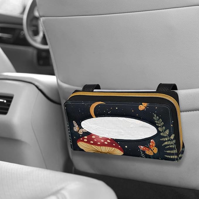 PU Leather Sun Visor Tissue Holder Moon Mushroom Car Visor Accessories Car Sun Visor Tissue Box Holder Mask Holder for Car Fits Sedans Vans Trucks