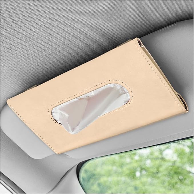 Car Visor Tissue Holder, Premium Leather Sun Visor Napkin Organizer with Tissue Refill, Universal Backseat Napkin Case Sunvisor Mask Holder for Cars SUVs Trucks RVs (Beige)
