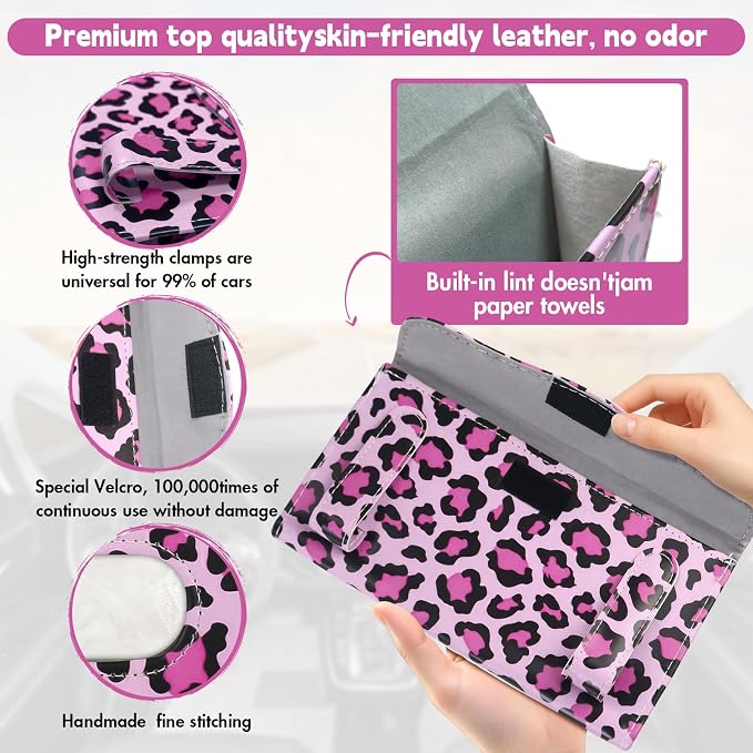 2 Pcs Sunglass Holder and 1Pcs Car Tissue Holder for Car,Magnetic Leather Sunglasses Holder Car Sun Visor Glasses Hanger Clip,Car Interior Accessories for Women(Pink Leopard Print)