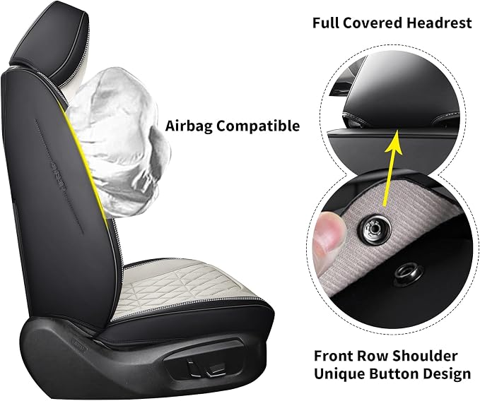 Aierxuan Front Pair Car Seat Covers Anti-Slip Faux Leather, Black-Beige | 360° Coverage Universal Fit Honda Acura Nissan Altima Rogue Honda Accord Hybrid CRV Civic Lexus BMW Audi Infiniti