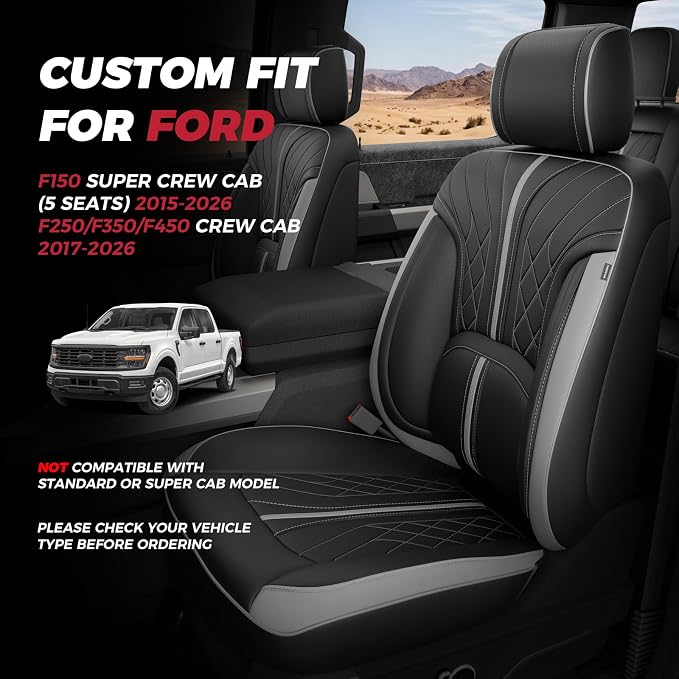 FREESOO Leather Seat Covers for Ford F150 SuperCrew/Crew Cab 2015-2026 | Fits F250/F350/F450 Super Duty 2017-2026, Custom Fit, Waterproof, Bucket Seat, Airbag Compatible, Lumbar Support, Easy-clean