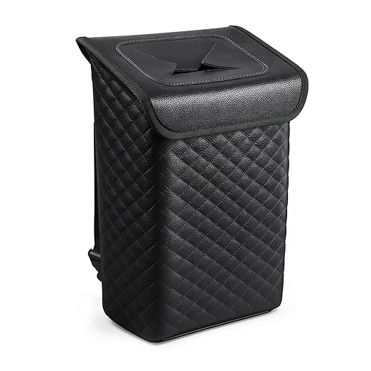 Tsumbay Car Trash Can with Lid, Leather Garbage Can, Leakproof and Removable Interior Liner, Multipurpose Hanging Garbage Bin with Quick Access Magnetic Opening, Trash Bin for Car (2 Gallon/7.5L)