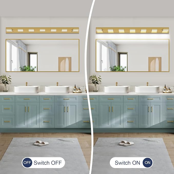 SineRise LED Modern Bathroom Vanity Light Fixtures (7-Light, 55-Inch, Dimmable), Brass Modern Acrylic Bathroom Wall Lighting Fixtures Over Mirror (Cool White 6000K)