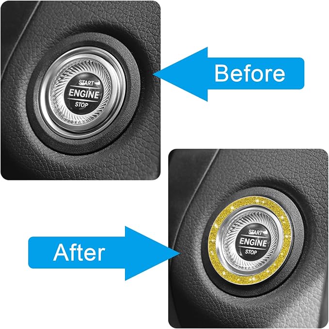 WINKA 2pcs Bling Car Engine Start Button Cover Diamond Crystal Push Start Stop Button Ring Sparkly Bling Ignition Button Cover Rhinestone Keyless Ignition Ring Universal Car Accessories (Yellow)
