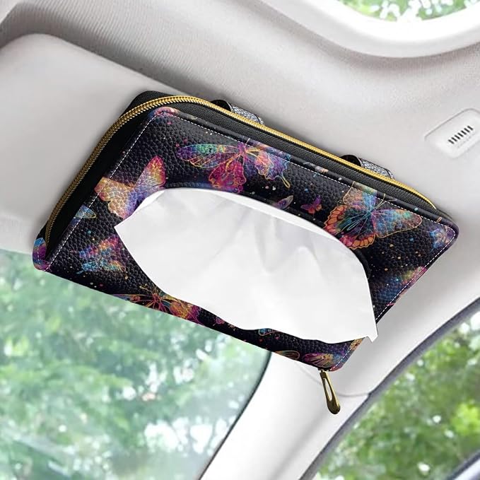 Butterfly Car Sun Visor Tissue Holder PU Leather Automotive Sun Visor Napkin Holder Butterfly Universal Tissue Holder for Car Home Offices