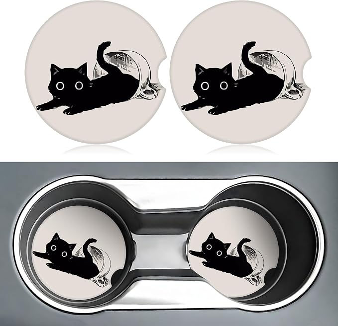 Cute Black Cat Car Coasters for Cup Holders,2 Pack Car Cup Holder Coasters for Car,Ceramic Absorbent Car Coaster with A Finger Notch and Cork Base,Car Interior Accessories for Women Men