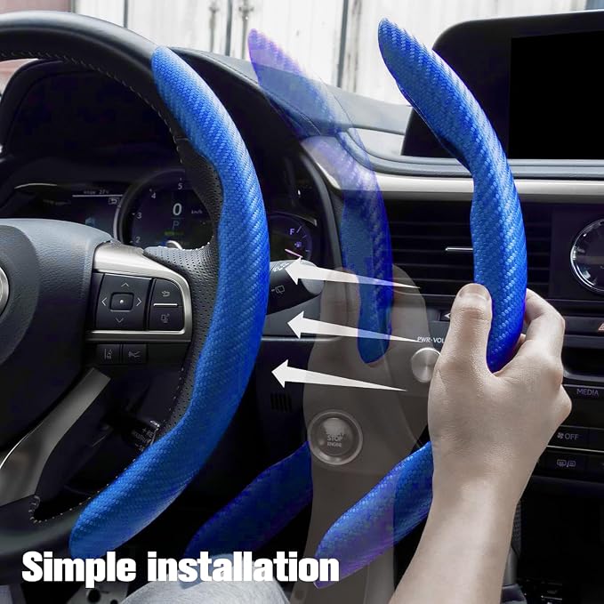 Amiss 2pcs Carbon Fiber Anti-Skid Steering Wheel Cover, Waterproof & Segmented Butterfly Design, Universal 99% Vehicle Wheel Cover Protector, Car Interior Accessories (Blue-2pcs)